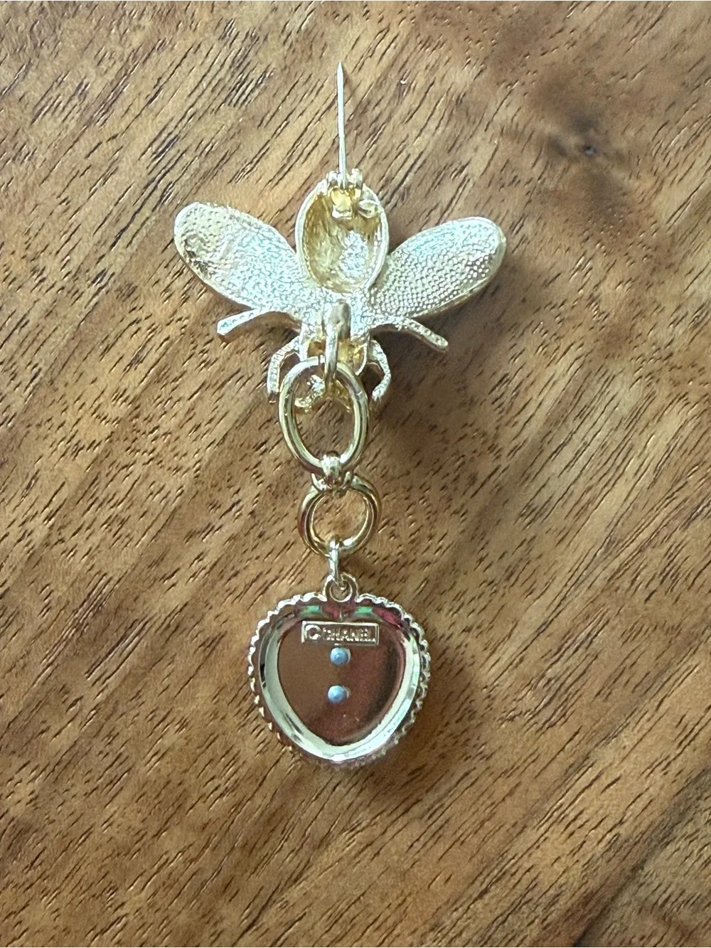 Gold Bee Brooch with Black Enamel Heart and Crystal Accents